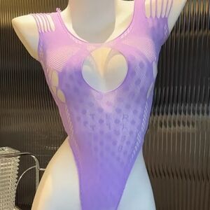 Nwt Purple Fishnet Mesh High-cut Bodysuit